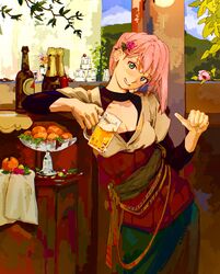  absurdres alcohol aqua_eyes bchan1582 beer beer_mug bottle breasts cleavage clothing_request cup day english_commentary female flower food fruit glass_plate grapes green_skirt grin hair_flower hair_ornament head_tilt highres holding holding_cup long_sleeves looking_at_viewer mandarin_orange mountainous_horizon mug original outdoors pink_flower pink_hair plant plate rose short_hair skirt small_breasts smile solo standing thumbs_up 