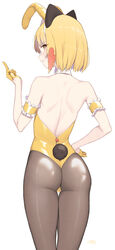  absurdres animal_ears arm_garter ass back backless_leotard bare_shoulders blonde_girl_(cloba) blonde_hair blush bow brown_eyes brown_pantyhose clenched_teeth cloba commentary detached_collar fake_animal_ears female from_behind gloves half_gloves hand_on_own_hip highres leotard looking_at_viewer looking_back median_furrow middle_finger original pantyhose playboy_bunny rabbit_ears rabbit_tail shiny short_hair shoulder_blades signature simple_background solo standing strapless symbol-only_commentary tail teeth thigh_gap white_background wrist_cuffs yellow_eyes yellow_gloves yellow_leotard 