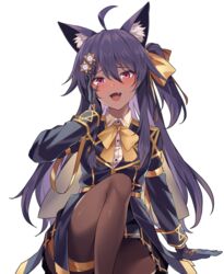  absurdres ahoge animal_ear_fluff animal_ears arm_support blush borrowed_character bow bowtie brown_kemomimi-chan_(krr) collared_shirt commission cosplay dungeon_and_fighter female girls&#039;_frontline gloves hair_between_eyes hair_flaps hair_ornament hair_ribbon hairbow hairclip hand_on_own_cheek hand_on_own_face highres jacket jingo korean_commentary lapels long_hair long_sleeves looking_at_viewer negev_(girls&#039;_frontline) negev_(girls&#039;_frontline)_(cosplay) oerba_yun_fang one_side_up open_mouth original pantyhose pleated_skirt purple_gloves purple_jacket ribbon shirt side_ponytail sidelocks simple_background sitting skirt smile solo white_background white_shirt yellow_bow yellow_bowtie yellow_ribbon 