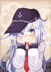  anchor anchor_symbol blue_eyes blush closed_mouth female flat_cap grey_hair hands_on_own_cheeks hands_on_own_face hat heart hibiki_(kancolle) highres kantai_collection long_hair long_sleeves neckerchief red_neckerchief reitou_mikan sailor_collar school_uniform serafuku solo steam wavy_mouth 