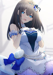  absurdres armband black_hair blurry blurry_background blush breasts choker clock dress female frilled_armband frilled_choker frills gloves hands_on_own_chest head_tilt highres idolmaster idolmaster_cinderella_girls jewelry large_breasts long_hair looking_at_viewer megurumiru necklace pearl_necklace sagisawa_fumika smile solo starry_sky_bright_(idolmaster) strapless strapless_dress tiara white_gloves wrist_cuffs 