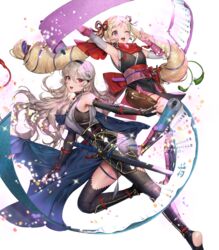  2girls alternate_costume arm_guards armor armpits bare_shoulders black_gloves black_thighhighs blonde_hair blush bow bowtie breasts cape corrin_(female)_(fire_emblem) corrin_(female)_(ninja)_(fire_emblem) corrin_(fire_emblem) earrings elbow_gloves elise_(fire_emblem) elise_(ninja)_(fire_emblem) fingerless_gloves fire_emblem fire_emblem_fates fire_emblem_heroes floating floating_object full_body gloves grey_hair hair_ornament hairband highres japanese_clothes jewelry long_hair looking_away medium_breasts multiple_girls ninja non-web_source obi official_art one_eye_closed open_mouth pelvic_curtain petals pointy_ears purple_eyes red_eyes sandals sash scroll sencha_(senchat) shin_guards shiny_clothes shiny_skin shuriken_earrings sleeveless smile soles sparkle sword thighhighs tied_hair toeless_legwear transparent_background twintails weapon 