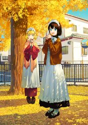  2girls apron black_dress black_footwear black_hair black_legwear blonde_hair blue_eyes brown_footwear brown_jacket commentary_request day dress fence food fringe_trim full_body ginkgo_leaf holding holding_food house jacket leaf long_sleeves maeya_susumu maid maid-san_wa_taberu_dake maid_apron maid_headdress multiple_girls open_clothes open_jacket outdoors ricotta_(maid-san_wa_taberu_dake) roasted_sweet_potato sandals shawl shoes socks suzume_(maid-san_wa_taberu_dake) sweet_potato tabi traffic_mirror tree wa_maid white_apron white_legwear wide_sleeves window zouri 