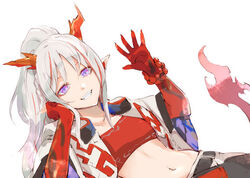  arknights arm_support bead_bracelet beads bracelet breasts collarbone commentary_request crop_top e-bushi female flame-tipped_tail grey_hair grin hand_up high_ponytail highres horns jacket jewelry long_hair multicolored_hair navel nian_(arknights) open_clothes open_jacket pants parted_bangs pointy_ears ponytail purple_eyes red_hair short_sleeves simple_background small_breasts smile solo streaked_hair tail white_background white_jacket white_pants wide_sleeves 