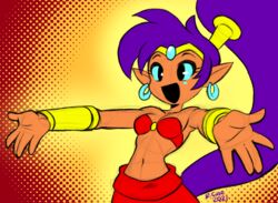  2021 5_fingers bandeau breasts clothing ear_piercing ear_ring female fingers genie hair humanoid humanoid_pointy_ears long_hair not_furry open_mouth open_smile piercing ponytail purple_hair ring_piercing rongs1234 shantae shantae_(series) signature smile solo tan_body tan_skin topwear wayforward 