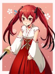  alternate_costume black_ribbon detached_sleeves female fire_emblem fire_emblem_fates flying_sweatdrops hair_ribbon hakama highres holding holding_sword holding_weapon japanese_clothes kimono long_hair miko open_mouth red_eyes red_hair ribbon selena_(fire_emblem_fates) shira_yu_ki solo sword twintails weapon wide_sleeves 