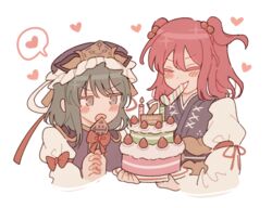  2girls asymmetrical_hair birthday_cake blowing blowing_candle blue_eyes blue_robe blush cake candle closed_eyes commentary cropped_torso food fruit green_hair hair_bobbles hair_ornament hat heart holding holding_cake holding_food juliet_sleeves long_sleeves medium_hair multiple_girls onozuka_komachi puffy_sleeves rbfnrbf_(mandarin) red_hair robe shiki_eiki short_hair simple_background spoken_heart strawberry symbol-only_commentary touhou two_side_up upper_body v-shaped_eyebrows white_background 