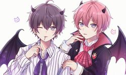  2boys ahoge ascot black_jacket black_nails black_wings blush brooch buttons candy collar_chain_(jewelry) collarbone collared_jacket collared_shirt commentary crown demon_boy demon_horns demon_wings double-parted_bangs fake_horns fake_wings fingernails food food_in_mouth gem hair_between_eyes hand_on_own_arm high_collar horns jacket jewelry lollipop long_sleeves looking_at_viewer male_focus mikumakun88 mouth_hold multiple_boys nail_polish nanamori_(stpri) neckerchief one_eye_closed open_clothes open_collar open_jacket pink_hair pinstripe_pattern pinstripe_shirt pointy_ears purple_eyes purple_hair purple_neckerchief purple_wings red_ascot red_gemstone red_jacket satomi_(stpri) sharp_fingernails shirt short_hair simple_background sleeve_cuffs strawberry_prince striped two-sided_fabric two-sided_jacket upper_body utaite white_background white_shirt wing_collar wings 