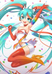  :d ahoge aqua_eyes aqua_hair armpits bare_shoulders boots choker collarbone commentary confetti elbow_gloves female flag full_body gloves goodsmile_racing hair_between_eyes hatsune_miku headphones highres holding holding_flag jumping kiki-yu long_hair multicolored_hair open_mouth orange_choker orange_footwear orange_gloves orange_hair orange_thighhighs race_queen racing_miku racing_miku_(2016) shorts smile solo strapless streaked_hair suspender_shorts suspenders thigh_boots thighhighs tube_top twintails very_long_hair vocaloid white_shorts white_tube_top 