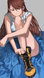  blue_skirt brown_hair closed_mouth commentary female gochiwa green_eyes grey_background highres long_hair long_skirt original skirt smile solo symbol-only_commentary yellow_footwear 