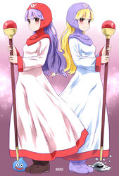  blonde_hair boots breasts closed_mouth curly_hair dragon_quest dragon_quest_ii dress dual_persona female full_body highres hood liquid_metal_slime_(dq) long_hair looking_at_viewer noto_(soranoto) princess princess_of_moonbrook purple_hair slime_(dragon_quest) smile staff 