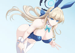  absurdres animal_ears bare_shoulders blonde_hair blue_archive blue_eyes blue_halo blue_leotard blush breasts cleavage detached_collar earpiece fake_animal_ears fake_tail female hair_ribbon halo highleg highleg_leotard highres large_breasts leotard long_hair looking_at_viewer official_alternate_costume playboy_bunny rabbit_ears rabbit_tail ribbon solo strapless strapless_leotard tail thighhighs toki_(blue_archive) toki_(bunny)_(blue_archive) torahime_(roland00) v very_long_hair white_thighhighs wrist_cuffs 