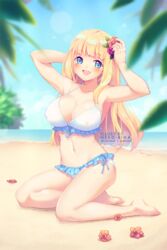  :d artist_name beach bikini blonde_hair blue_eyes breasts cleavage commission day female flower hair_flower hair_ornament halterneck kneeling large_breasts long_hair looking_at_viewer navel neko-rina open_mouth original outdoors smile solo swimsuit very_long_hair 