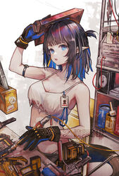  arknights black_gloves black_hair blue_eyes blue_gloves blue_hair breasts cable chinese_commentary cleavage colored_inner_hair commentary_request crop_top eunectes_(arknights) eunectes_(forgemaster)_(arknights) female gloves gun highres holding id_card lanyard looking_at_viewer medium_breasts medium_hair mido_(mido_chen) multicolored_hair official_alternate_costume open_mouth paint_can paint_roller pointy_ears rhodes_island_logo_(arknights) shirt short_ponytail side_ponytail snake_tail soldering_iron solo spaghetti_strap sweat tail torn_clothes torn_shirt two-tone_gloves two-tone_hair upper_body weapon white_background white_shirt 