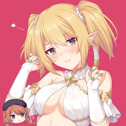  2girls bare_shoulders blonde_hair blush breasts bridal_gauntlets brown_hair chibi chloe_(princess_connect!) cleavage criss-cross_halter detached_sleeves elf green_nails hair_ribbon halterneck highres horosuke large_breasts long_hair looking_at_viewer multiple_girls pointy_ears princess_connect! purple_eyes ribbon sidelocks translated twintails upper_body yuni_(princess_connect!) 