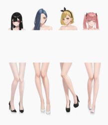  4girls ;) asymmetrical_bangs bar_censor bare_legs bare_shoulders black_footwear blunt_bangs blush censored choker collarbone commentary_request enokawa_kokoro_(hara_kenshi) facial_mark feet grin hara_kenshi heart heart_choker high_heels highres jewelry kimishima_touka kunitomi_ryouka kuroba_mitsuha legs looking_at_viewer looking_away mole mole_under_mouth multiple_girls necklace one_eye_closed original simple_background smile swept_bangs thighs toe_cleavage toes twintails white_background white_footwear 