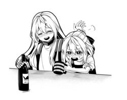  2girls alcohol bad_id bad_pixiv_id blush bottle closed_eyes crying crying_with_eyes_open cup greyscale headpat holding holding_cup kirisame_marisa long_hair magi_the_labyrinth_of_magic matara_okina monochrome multiple_girls no_headwear sameya simple_background sitting tabard tears touhou upper_body white_background 