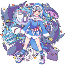  absurdres among_us animal_hood bloop_(gawr_gura) blue_eyes blue_hair blue_hoodie blue_socks blush breasts bubble character_name commentary cross-laced_footwear dum_sticky_note english_commentary eyelashes female fins fish fish_tail full_body gawr_gura gawr_gura_(1st_costume) grey_hair halo highres holding holding_weapon hololive hololive_english hood hood_up hoodie long_sleeves looking_at_viewer meatbandit medium_hair multicolored_hair open_mouth polearm shark shark_girl shark_hood shark_tail sharp_teeth shoes sleeves_past_wrists small_breasts smile sneakers socks standing starfish streaked_hair tail takodachi_(ninomae_ina&#039;nis) teeth trident two-tone_hair virtual_youtuber water weapon white_footwear 