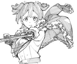  belt commentary_request daiba_nana female fur-trimmed_jacket fur_trim gochiwa greyscale hatching_(texture) holding holding_sword holding_weapon jacket jacket_on_shoulders katana medium_hair monochrome parted_lips shoujo_kageki_revue_starlight simple_background solo sword twintails weapon white_background 