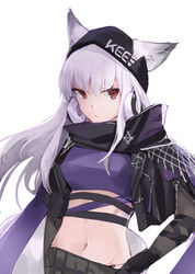  absurdres animal_ears arknights commentary_request crop_top e-bushi ears_through_headwear female fox_ears fox_girl frostleaf_(arknights) frostleaf_(breaking_the_ice)_(arknights) highres long_hair looking_at_viewer midriff navel official_alternate_costume red_eyes simple_background solo upper_body white_background white_hair woollen_cap 