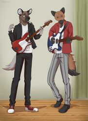  2022 5_fingers aggretsuko anthro bass_guitar beastars bottomwear brown_body brown_fur clothed clothing duo electric_guitar fender_musical_instruments_corporation fingers fully_clothed fur guitar haida_(aggretsuko) hi_res hyena jacket male mammal miguno_(beastars) musical_instrument netflix open_clothing open_jacket open_topwear pants playing_guitar playing_music plucked_string_instrument precision_bass sanrio shirt spotted_hyena stratocaster string_instrument t-shirt tommysamash topwear 