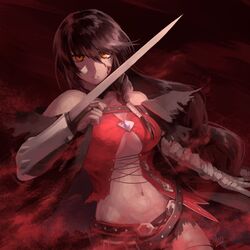  bandaged_arm bandages black_hair black_shorts blood blood_on_face breasts cleavage closed_mouth female floating_hair frown hair_between_eyes hair_over_shoulder highres long_hair looking_at_viewer medium_breasts midriff navel orange_eyes short_shorts shorts signature solo stomach tales_of_(series) tales_of_berseria torn_clothes torn_shorts ubo_(ubo_tales) velvet_crowe very_long_hair 