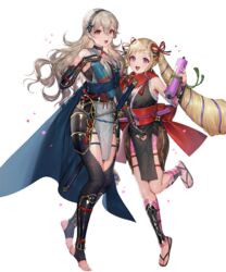  2girls alternate_costume armor bare_shoulders black_gloves black_thighhighs blonde_hair bow bowtie cape choker clothing_cutout corrin_(female)_(fire_emblem) corrin_(female)_(ninja)_(fire_emblem) corrin_(fire_emblem) elbow_gloves elise_(fire_emblem) elise_(ninja)_(fire_emblem) feet fingerless_gloves fire_emblem fire_emblem_fates fire_emblem_heroes full_body gloves grey_hair hair_ornament hairband highres holding japanese_clothes jewelry leg_up legs long_hair looking_at_viewer multiple_girls ninja no_shoes non-web_source obi official_art open_mouth pelvic_curtain pointy_ears purple_eyes red_eyes sandals sash scroll sencha_(senchat) sheath sheathed shin_guards shiny_skin sleeveless smile stirrup_legwear sword thigh_cutout thighhighs thighs tied_hair toeless_legwear toes transparent_background twintails weapon 