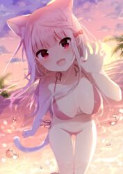  :d absurdres animal_ears ass_visible_through_thighs bikini blurry blurry_background blush bow braid breasts breasts_apart cat_ears cat_girl cat_tail claw_pose cloud cloudy_sky collarbone depth_of_field dutch_angle fantia_reward female hairbow halterneck hand_up head_tilt highres horizon leaning_forward long_hair mafuyu_(chibi21) medium_breasts navel ocean oerba_yun_fang open_mouth original outdoors paid_reward pink_bikini pink_hair red_bow red_eyes side-tie_bikini_bottom side_braid sky smile solo source_request standing string_bikini sun sunset swimsuit tail thigh_gap very_long_hair water water_drop 