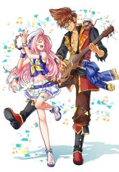  :d akira_ituki antenna_hair blue_shirt brown_eyes brown_hair brown_pants closed_eyes collarbone full_body guitar guvava hat instrument jewelry long_hair macross macross_7 midriff miniskirt music musical_note mylene_jenius navel nekki_basara open_mouth pants pendant pink_hair playing_instrument pleated_skirt round_eyewear sailor_collar sailor_shirt shirt skirt sleeveless sleeveless_shirt smile spiked_hair standing standing_on_one_leg stomach sunglasses very_long_hair white_headwear white_sailor_collar white_skirt 