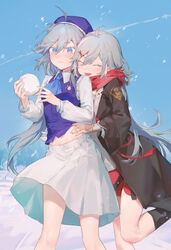  2girls absurdres ahoge black_footwear blue_eyes blue_headwear blue_sky blue_vest brown_coat closed_eyes coat collared_shirt day fu_hua fu_hua_(herrscher_of_sentience) grabbing grabbing_from_behind grey_hair hat highres holding holding_snowball honkai_(series) honkai_impact_3rd long_hair long_sleeves multiple_girls oerba_yun_fang open_mouth outdoors red_scarf scarf shirt skirt sky snow snowball standing standing_on_one_leg surprised torso_grab vest white_skirt white_sleeves xiaoxiaoanye yuri 