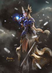  armor armored_boots armored_dress beask blonde_hair blue_armor blue_eyes boots braid female gold_trim grey_eyes helmet highres holding holding_sword holding_weapon lenneth_valkyrie long_hair low-braided_long_hair low-tied_long_hair shoulder_armor sword valkyrie valkyrie_profile_(series) weapon winged_helmet 