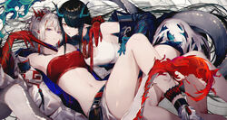  2girls absurdres arknights armpits bandeau bare_shoulders black_hair blue_gloves breasts cleavage cleavage_cutout clothing_cutout collarbone commentary_request dusk_(arknights) elbow_gloves gloves green_hair hair_spread_out highres horns jacket kurogiri large_breasts long_hair looking_at_viewer multiple_girls navel nian_(arknights) off_shoulder parted_lips pointy_ears purple_eyes red_gloves smile strapless tail thighs tube_top very_long_hair white_hair white_jacket 