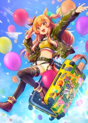  animal_ears balloon belt black_thighhighs bomber_jacket boots breasts brown_footwear cloud commentary_request contrail crop_top crop_top_overhang dog_tags female full_body green_jacket highres horse_ears horse_girl horse_tail jacket long_hair looking_at_viewer mayano_top_gun_(umamusume) midair midriff navel open_clothes open_jacket open_mouth orange_hair outstretched_arm paper_airplane rolling_suitcase shirt short_shorts shorts signature sky small_breasts smile solo suitcase tail thighhighs two_side_up umamusume unajiru white_shorts yellow_eyes yellow_shirt 