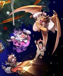  5boys aizen_(housamo) animal_ears ashigara_(housamo) bear_boy bear_ears breath christmas dragon_boy dragon_horns dragon_wings female floating formal full_body furry furry_male gyumao_(housamo) hakumen_(housamo) halo halo_behind_head highres horns lucifuge_(housamo) mohawk monster_boy multiple_boys ophion_(housamo) scales snow suit sumi_wo_hakuneko tokyo_afterschool_summoners wings 