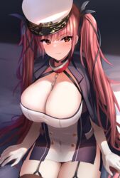  azur_lane bed_sheet black_jacket black_ribbon blush breasts chains cleavage closed_mouth collar commentary_request dress elbow_gloves female garter_straps gloves hair_ribbon hat highres honolulu_(azur_lane) jacket jacket_on_shoulders large_breasts long_hair looking_at_viewer manda_(manda9n) metal_collar peaked_cap red_eyes red_hair revision ribbon short_dress sitting solo sweatdrop thighhighs twintails wavy_mouth 