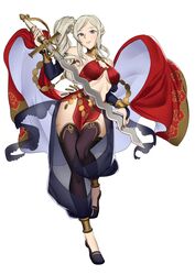  absurdres black_thighhighs breasts bridal_gauntlets commentary cosplay ebinku edelgard_von_hresvelg english_commentary female fire_emblem fire_emblem:_three_houses fire_emblem_awakening fire_emblem_heroes flamberge full_body grey_hair highres holding holding_sword holding_weapon long_hair medium_breasts olivia_(fire_emblem) olivia_(fire_emblem)_(cosplay) olivia_(performing_arts)_(fire_emblem) parted_lips purple_eyes side_ponytail simple_background solo sword thighhighs toeless_legwear underboob weapon white_background 