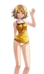  :3 bare_shoulders blonde_hair bob_cut breasts camisole collarbone commentary feet_out_of_frame female highres kagamine_rin kunoichi_demo_koi_ga_shitai_(vocaloid) light_smile no_pants orange_konkon_(module) panties photoshop_(medium) project_diva_(series) shirt short_hair simple_background small_breasts solo standing tsukishiro_saika underwear underwear_only vocaloid waving white_background yellow_eyes yellow_panties yellow_shirt 