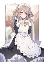  apron ascot black_dress blush brown_hair commentary dress female flying_sweatdrops frilled_dress frills highres ikeuchi_tanuma long_sleeves looking_at_viewer maid maid_headdress original own_hands_together red_eyes solo standing tino_(ikeuchi_tanuma) twitter_username two_side_up white_apron yellow_ascot 