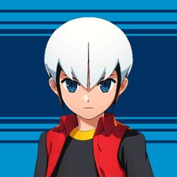  1boy black_hair black_shirt blue_background blue_eyes eugene_chaud_(mega_man) expressionless long_sleeves looking_at_viewer male_focus mega_man_(series) mega_man_battle_network_(series) mega_man_x_(series) mega_man_x_dive mizuno_keisuke multicolored_hair official_art serious shirt short_hair sleeveless sleeveless_jacket solo third-party_source two-tone_hair white_hair 