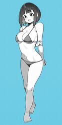  absurdres aqua_background arms_behind_back barefoot bikini blush breasts crossed_legs female full_body greyscale_with_colored_background highres large_breasts mole mole_under_eye monochrome open_mouth original short_hair sidelocks simple_background solo st_(youx1119) standing swimsuit watson_cross 