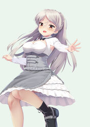  black_footwear blush boots breasts brown_eyes cleavage conte_di_cavour_(kancolle) dress female frilled_dress frills green_background grey_hair highres kantai_collection leg_up long_hair long_sleeves medium_breasts ochikata_kage oerba_yun_fang open_mouth simple_background solo 