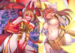  2girls amaterasu_(fate) animal_ear_fluff animal_ears animal_hands black_flower blonde_hair body_markings breasts claws commentary evil_smile facial_mark fangs fate/extra fate/grand_order fate/grand_order_arcade fate_(series) flower fox_ears fox_tail from_below fur gold_bracelet hair_intakes highres large_breasts looking_at_viewer looking_down multiple_girls multiple_tails navel nero_claudius_(fate) official_alternate_costume queen_draco_(beast_vi/s)_(fate) queen_draco_(fate) red_eyes revealing_clothes sharp_teeth smile tail tamamo_(fate) teeth underboob wisespeak wolf_ears wolf_girl yellow_eyes 