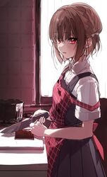  apron black_skirt blunt_bangs blush brown_hair chocolate commentary female highres holding holding_knife knife looking_at_viewer off_shoulder original plaid plaid_apron red_apron red_eyes shirt short_hair short_sleeves skirt solo valentine wata_(attaka_towel) white_shirt 