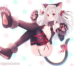  :o animal_ear_fluff animal_ears animal_hands ass bare_shoulders bell black_gloves black_sleeves black_thighhighs blush breasts cat_ears cat_tail center_opening commentary detached_sleeves fake_animal_ears fate/kaleid_liner_prisma_illya fate_(series) female full_body fur-trimmed_gloves fur_collar fur_trim gloves hair_bell hair_between_eyes hair_ornament hair_ribbon illyasviel_von_einzbern illyasviel_von_einzbern_(beast_style) jingle_bell long_hair looking_at_viewer official_alternate_costume open_mouth paw_gloves paw_print paw_print_background paw_shoes red_eyes red_ribbon ribbon shoes sidelocks small_breasts solo suzuho_hotaru tail tail_ornament tail_ribbon thighhighs twitter_username 