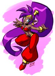  2022 5_fingers bandeau blue_eyes breasts clothing dark_body dark_skin ear_piercing ear_ring female fingers footwear genie hair humanoid humanoid_pointy_ears long_hair not_furry open_mouth open_smile piercing ponytail purple_hair ring_piercing rongs1234 shantae shantae_(series) shoes signature simple_background smile solo topwear wayforward 