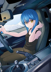  bare_arms bare_shoulders black_pants black_tank_top blue_hair car car_interior collarbone commentary_request driving dutch_angle female full_body grin hair_between_eyes highres looking_at_viewer mazda_mx-5 mazda_mx-5_nd medium_hair motor_vehicle mountain original pants right-hand_drive smile solo sports_car steering_wheel tank_top teeth tomcat yellow_eyes 