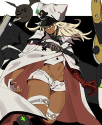  absurdres animal_hat bandaged_arm bandages belt blonde_hair cape clover commentary creature dark-skinned_female dark_skin female fingerless_gloves four-leaf_clover gloves guilty_gear guilty_gear_strive hair_over_one_eye hat highres huge_weapon long_hair loose_belt lucifero_(guilty_gear) makai midriff navel orange_eyes peaked_cap ramlethal_valentine short_shorts shorts single_fingerless_glove solo sword thigh_strap toned weapon white_gloves 