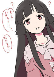  ? absurdres black_hair blunt_bangs commentary dress female highres houraisan_kaguya kawayabug long_hair long_sleeves looking_at_viewer pink_dress red_eyes simple_background solo teeth touhou translated upper_body white_background 