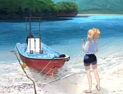  absurdres bare_shoulders beach blonde_hair blue_eyes blue_footwear blush boat closed_mouth commentary eating female food forest gochiwa hair_bun highres holding holding_food nature off_shoulder original outdoors popsicle_stick sand sandals scenery single_hair_bun smile solo standing tree water watercraft 