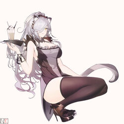  absurdres animal_ears arknights black_collar black_dress black_footwear black_thighhighs breasts cat_ears cat_girl cat_tail cleavage collar dress female full_body hair_over_one_eye high_heels highres holding holding_tray large_breasts long_hair looking_at_viewer nayuko_(wuyou_nayuko) parfait ponytail schwarz_(arknights) simple_background sleeveless sleeveless_dress solo squatting tail thighhighs thighs tray very_long_hair white_background yellow_eyes 